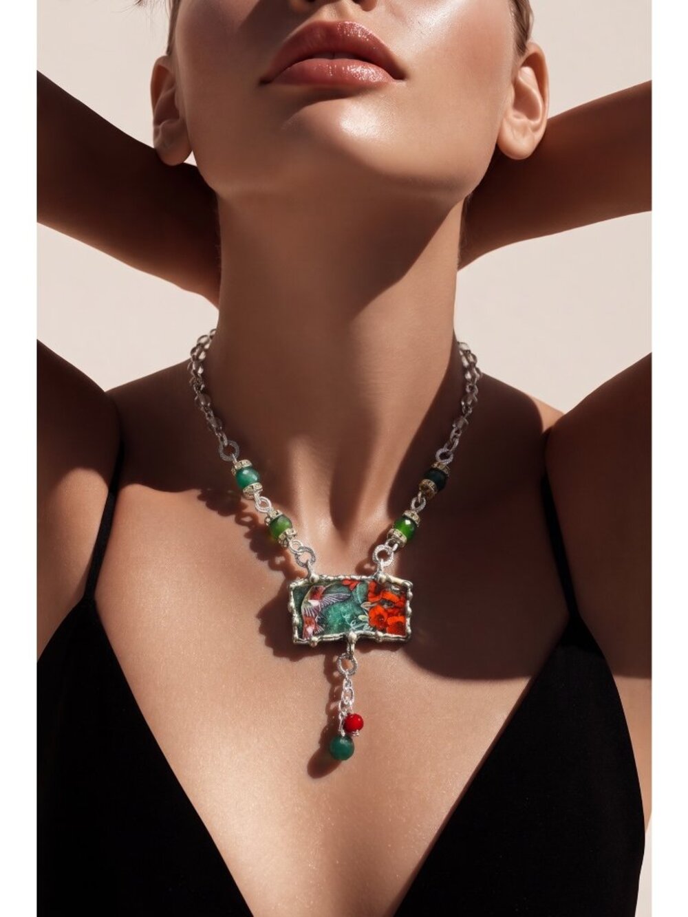 Lena Liu Hummingbird Broken China Pendant  Bezel Red & Green Quartz Necklace - Picture 8 of 14